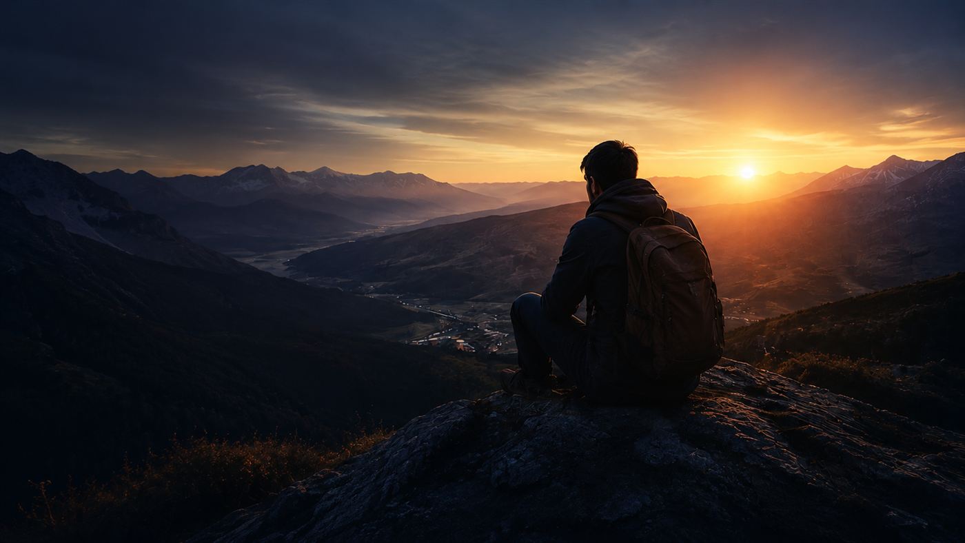 Una persona en silencio, contemplando el atardecer sobre las montañas.